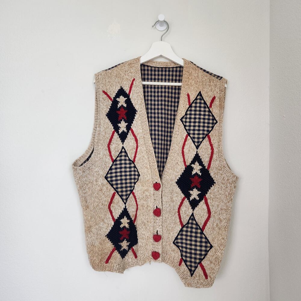 Vintage 90s Tan Knit Americana Button Front Vest Star Plaid Patchwork Western XL